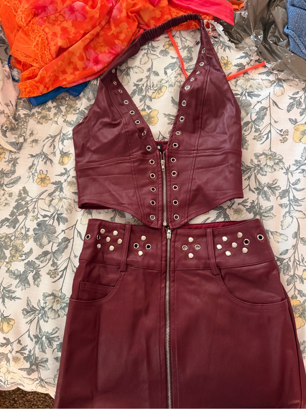 Maroon Faux Leather Studded Halter Crop Top - skirt set